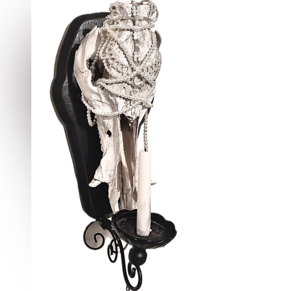 Gothic Oddity Tacidermy Black and White Skull Candle Holder